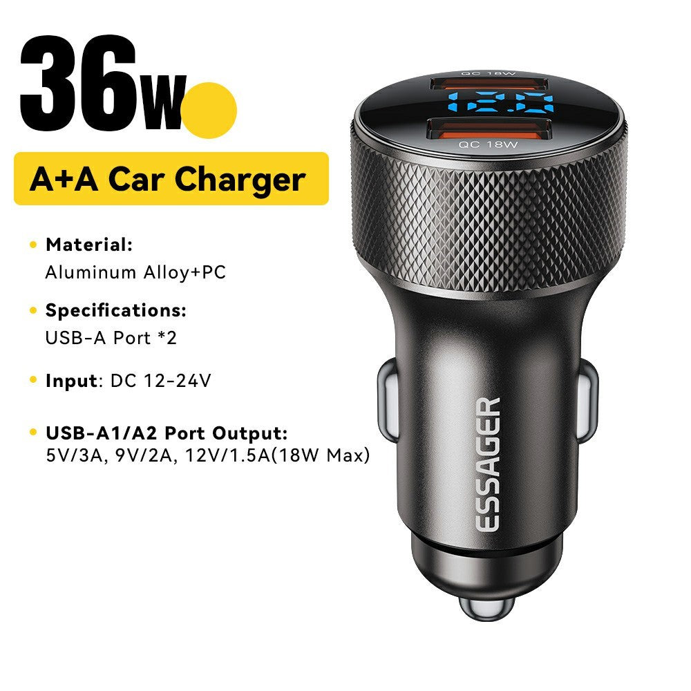 ESSAGER PD 36W Aluminum Alloy Fast Charging Car Charger Dual QC3.0 Digital Display Power Adapter