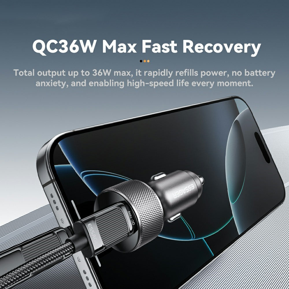 ESSAGER PD 36W Aluminum Alloy Fast Charging Car Charger Dual QC3.0 Digital Display Power Adapter