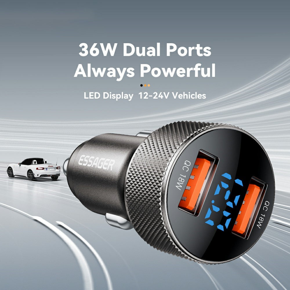 ESSAGER PD 36W Aluminum Alloy Fast Charging Car Charger Dual QC3.0 Digital Display Power Adapter