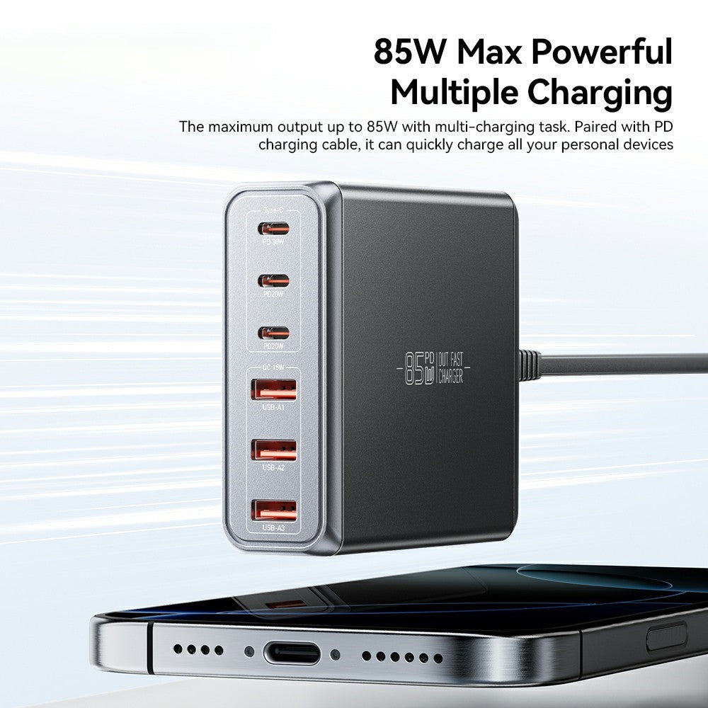 ESSAGER 85W GaN Desktoplader 3 Type-C + 3 USB-A Strømadapter til hurtigopladning af flere enheder