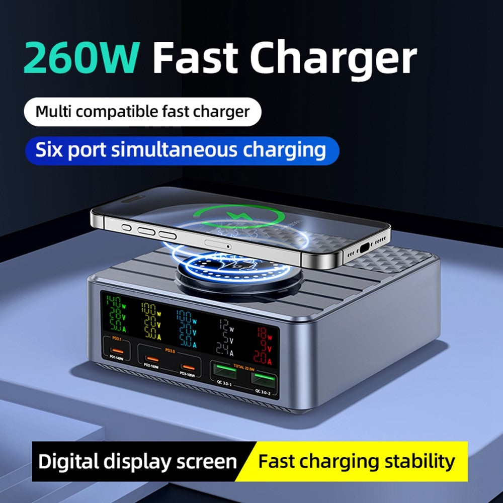 WLX-F2 260W QC4.0 GaN stationär snabbladdare 140W PD3.1 trådlös laddningsstation med digital display för bärbar dator och surfplatta