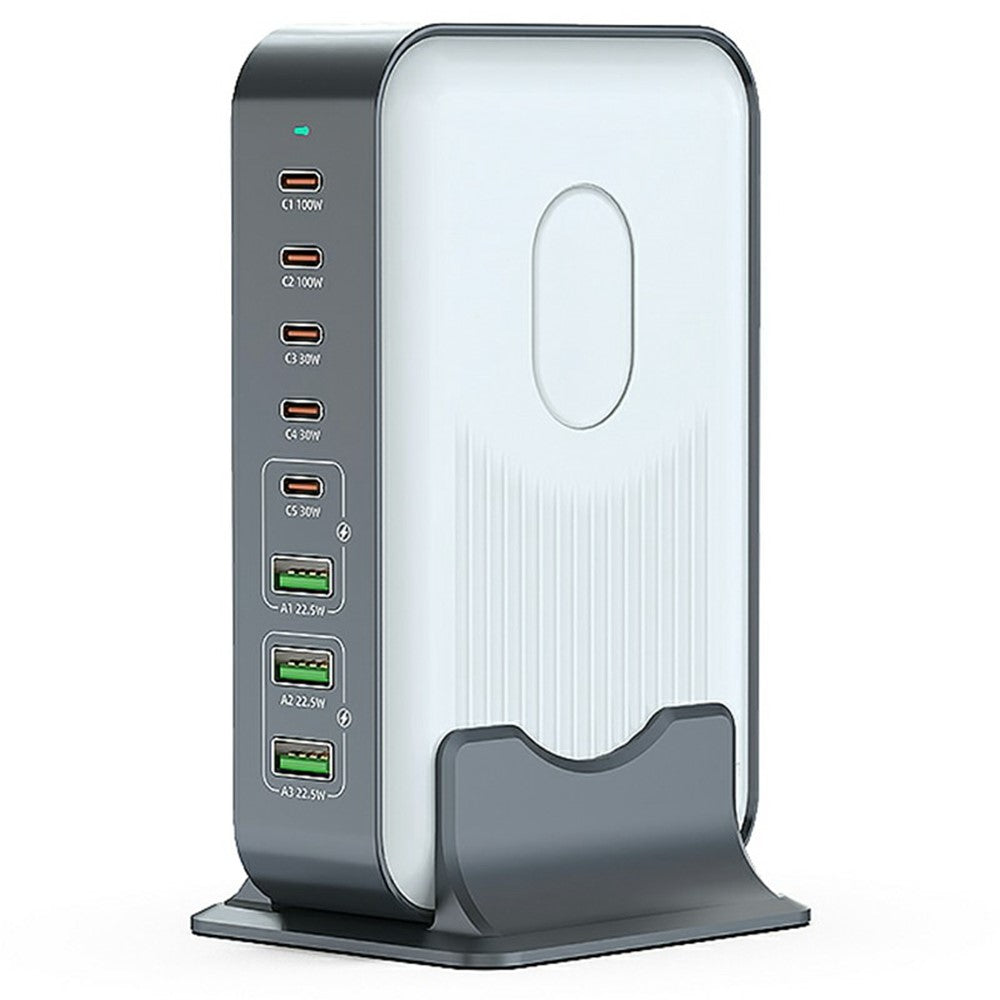 WLX-F8B 200W stationär laddningsstation med bas, 8-portars GaN USB-C PD 100W snabbladdaradapter för bärbara datorer/surfplattor/mobiler