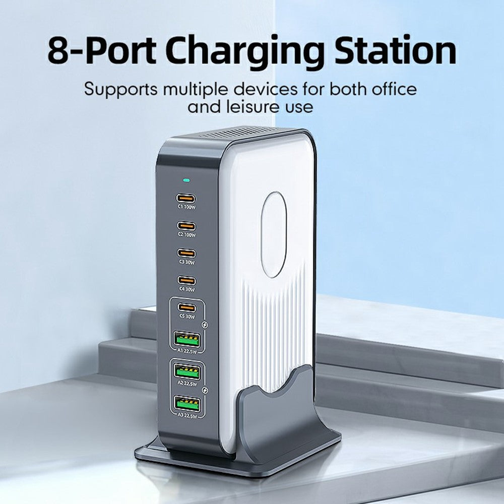 WLX-F8B 200W stationär laddningsstation med bas, 8-portars GaN USB-C PD 100W snabbladdaradapter för bärbara datorer/surfplattor/mobiler