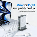 WLX-F8B 200W stationär laddningsstation med bas, 8-portars GaN USB-C PD 100W snabbladdaradapter för bärbara datorer/surfplattor/mobiler