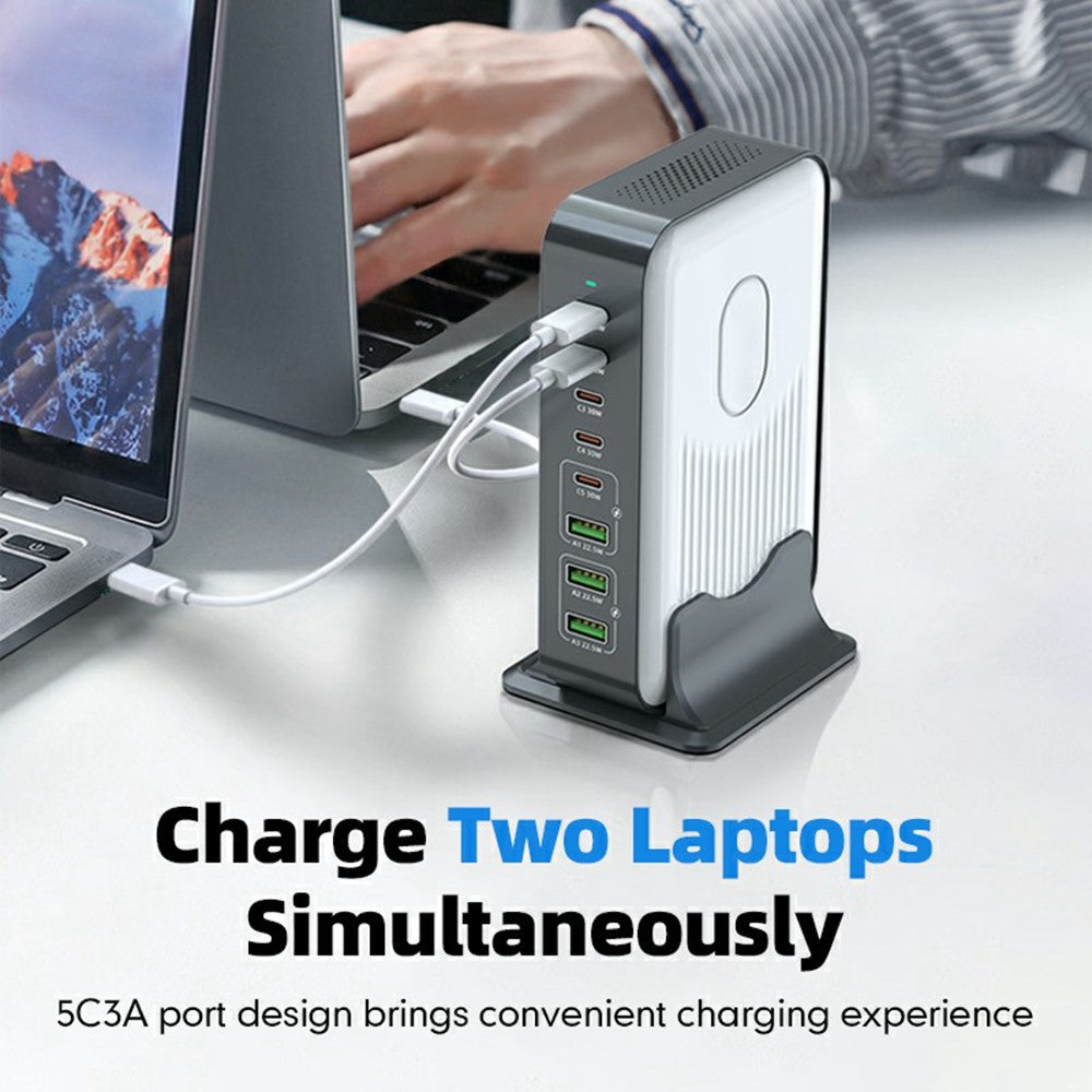WLX-F8B 200W stationär laddningsstation med bas, 8-portars GaN USB-C PD 100W snabbladdaradapter för bärbara datorer/surfplattor/mobiler