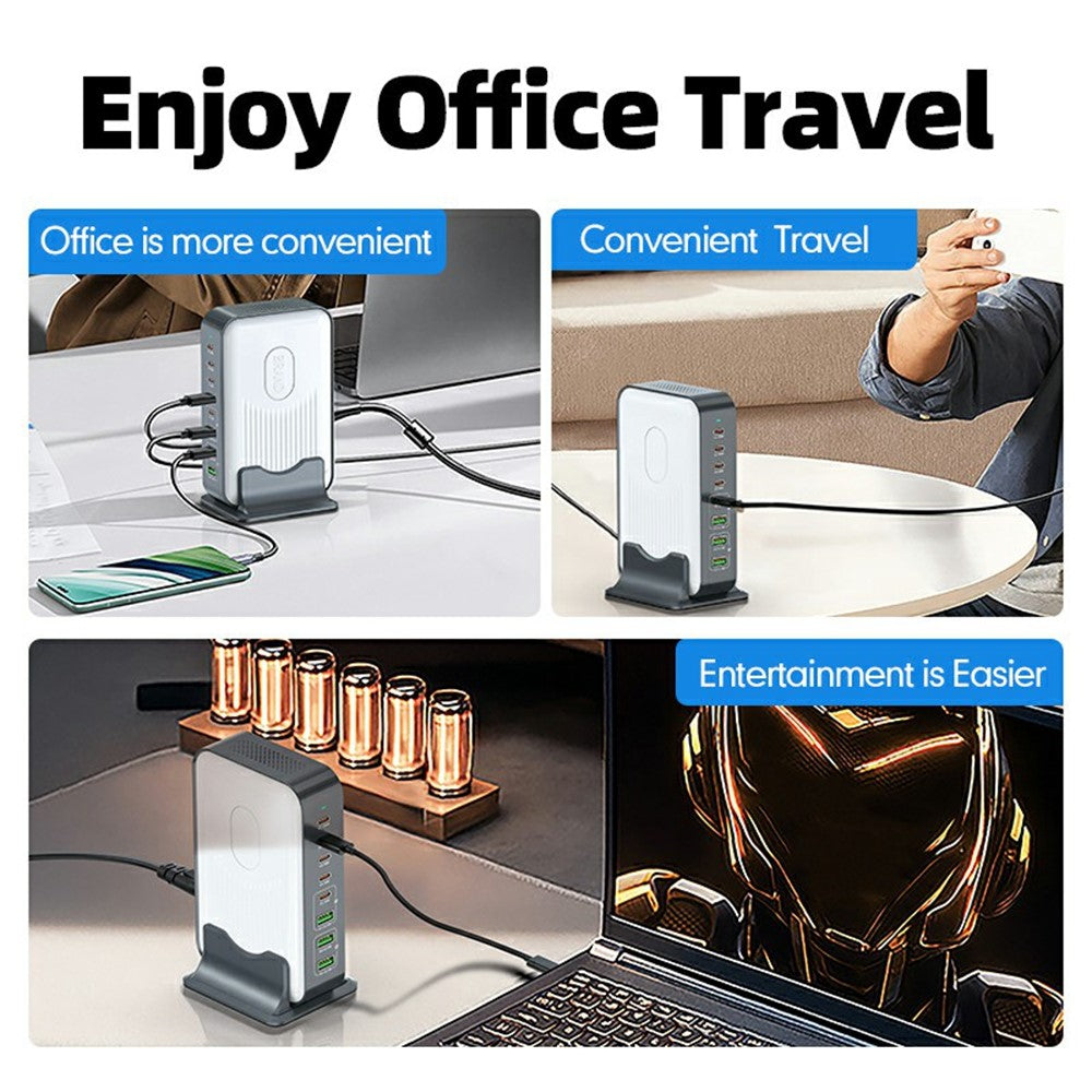 WLX-F8B 200W stationär laddningsstation med bas, 8-portars GaN USB-C PD 100W snabbladdaradapter för bärbara datorer/surfplattor/mobiler