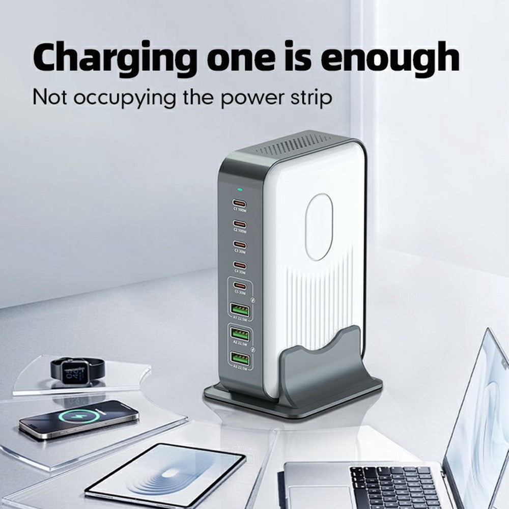 WLX-F8B 200W stationär laddningsstation med bas, 8-portars GaN USB-C PD 100W snabbladdaradapter för bärbara datorer/surfplattor/mobiler