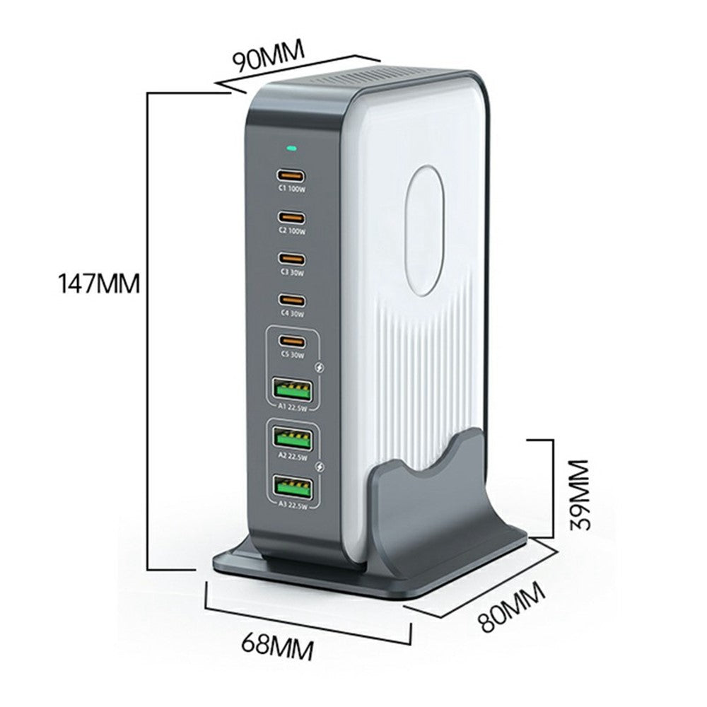 WLX-F8B 200W stationär laddningsstation med bas, 8-portars GaN USB-C PD 100W snabbladdaradapter för bärbara datorer/surfplattor/mobiler