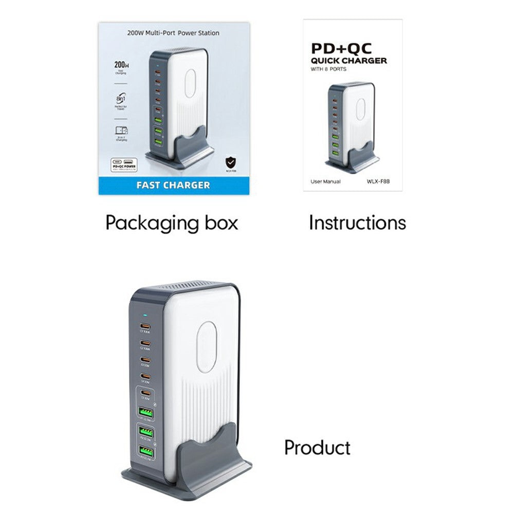 WLX-F8B 200W stationär laddningsstation med bas, 8-portars GaN USB-C PD 100W snabbladdaradapter för bärbara datorer/surfplattor/mobiler
