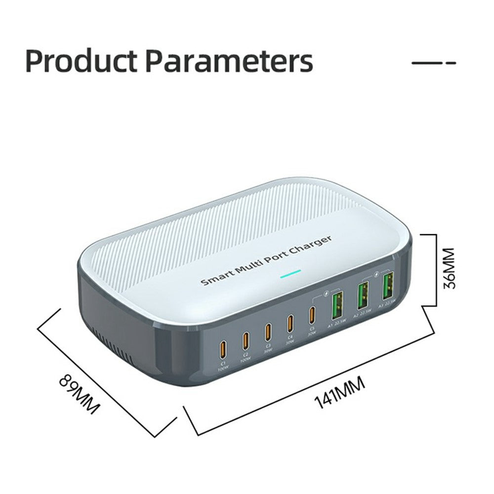 WLX-F8C 200W stationär laddningsstation 8-portars GaN USB-C PD 100W laddningsadapter för bärbara datorer/surfplattor/mobiler snabbladdningshub