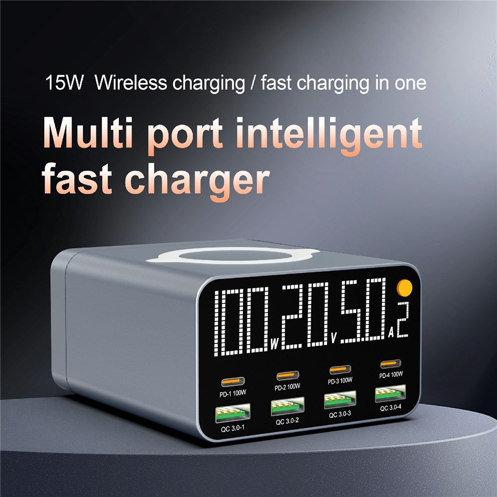 WLX-M1 120W Desktop Charger Adapter with Wireless Charging, 8 Port GaN USB C PD 100W Charging Station