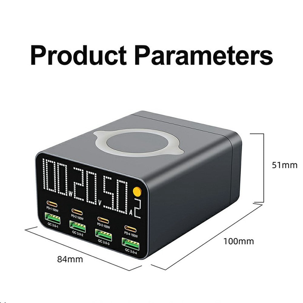 WLX-M1 120W Desktop Charger Adapter with Wireless Charging, 8 Port GaN USB C PD 100W Charging Station