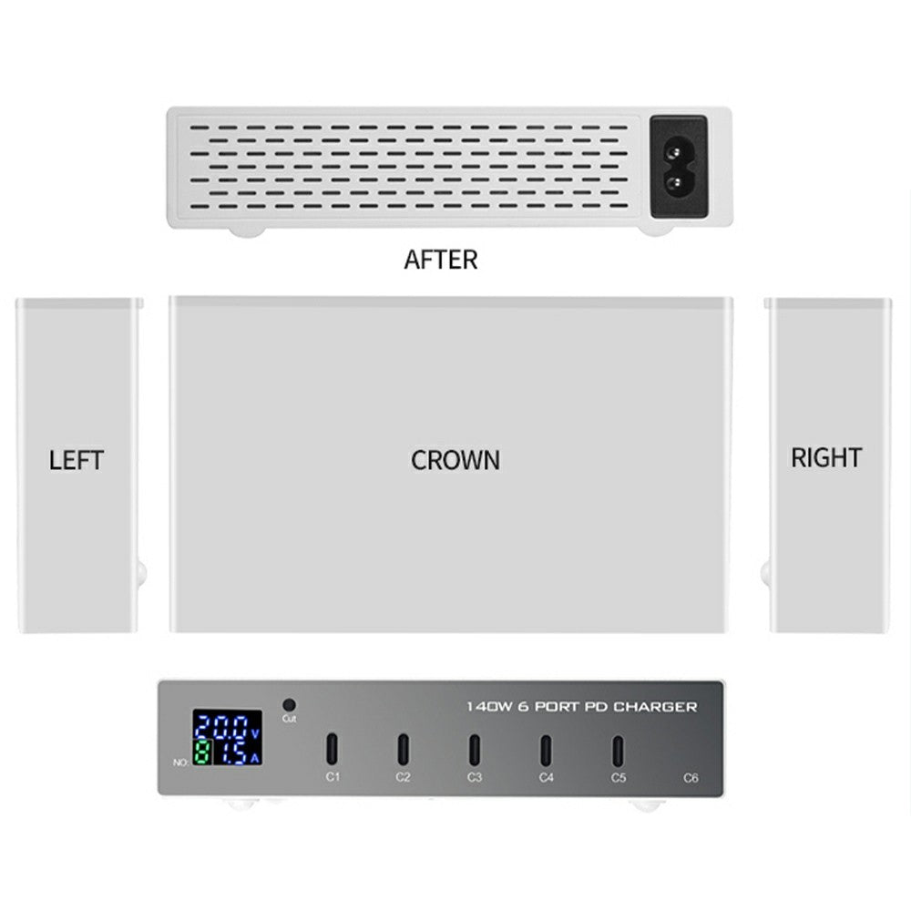 WLX-X6P 140W Desktop Charging Station 6 Ports GaN USB C PD 30W Fast Charger for Laptop / Smartphone / Tablet