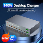 WLX-X6Y 140W Desktop Opladningsstation USB C + USB A 10 porte PD 100W GaN Hurtigopladningshub