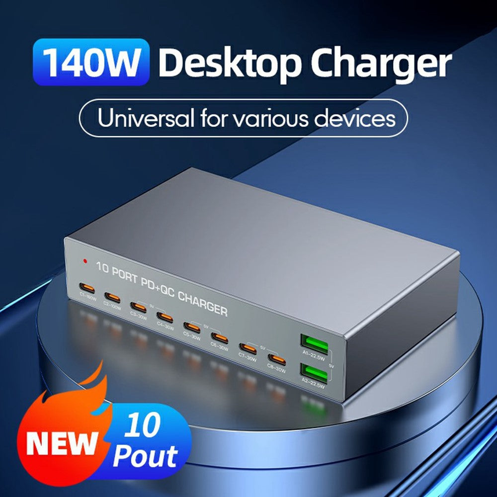 WLX-X6Y 140W Desktop Opladningsstation USB C + USB A 10 porte PD 100W GaN Hurtigopladningshub