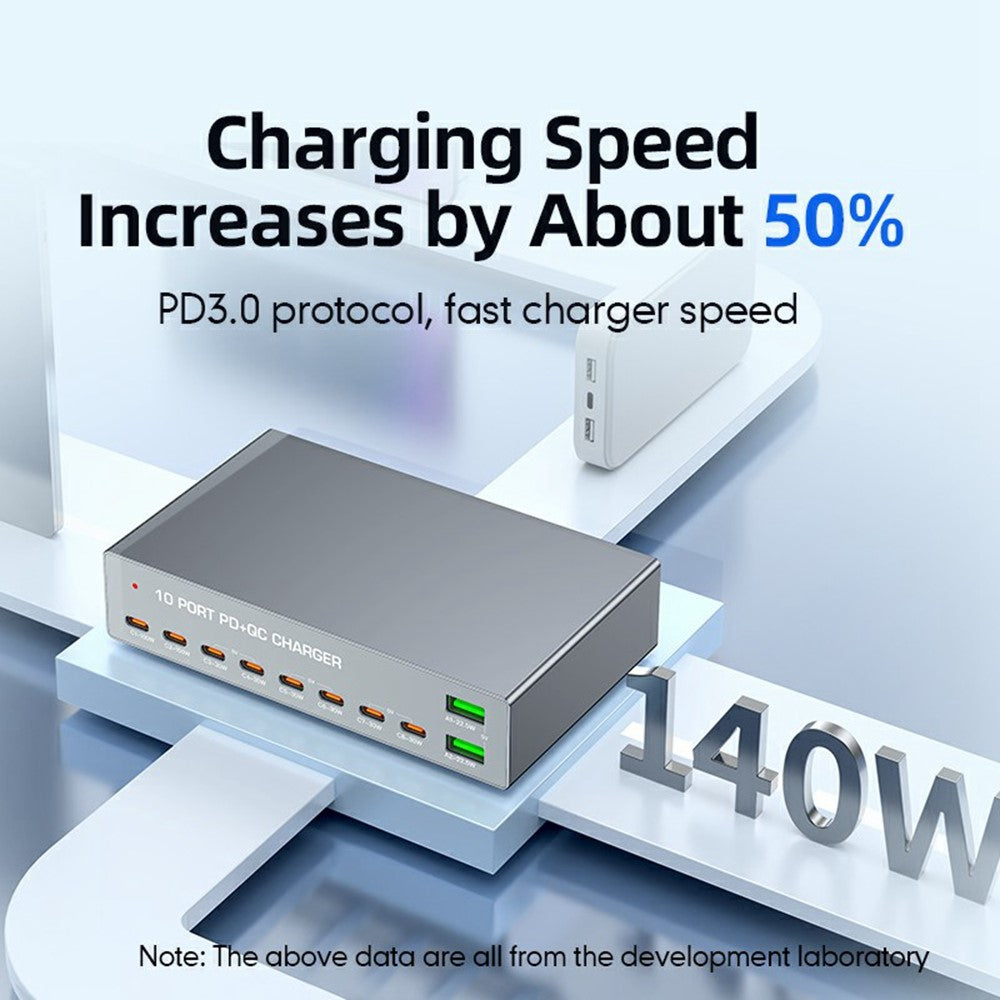 WLX-X6Y 140W Desktop Opladningsstation USB C + USB A 10 porte PD 100W GaN Hurtigopladningshub