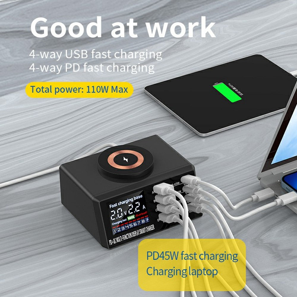 WLX-X9M 9-i-1 110W opladningsstation til skrivebord 45W PD QC USB Type C smart strømadapter med trådløs oplader