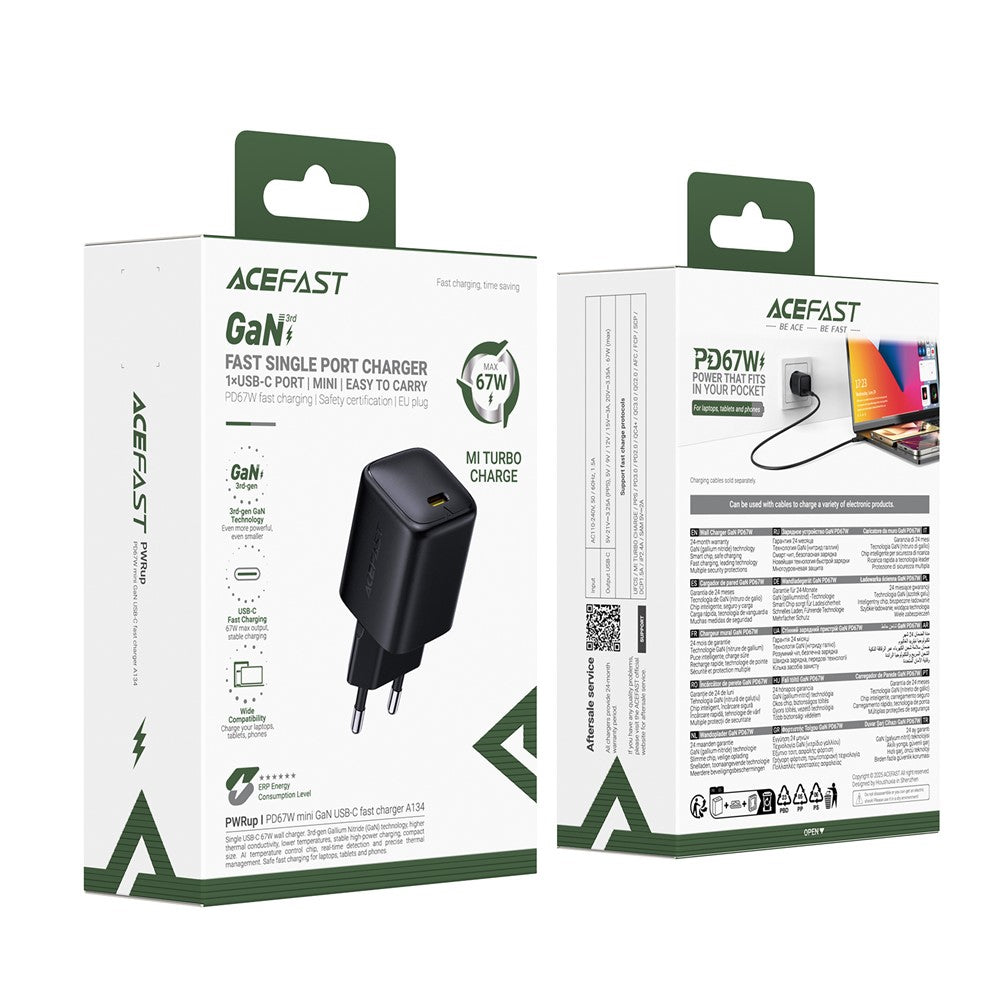 ACEFAST A134 PD 67W Mini GaN USB-C Fast Charger Portable Power Adapter for Phones / Tablets / Laptops, EU Plug