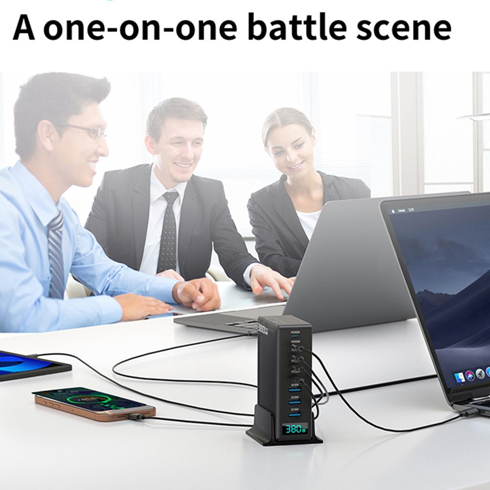 380W Digitalt Display GaN Skrivebordsladestation Type-C + USB-A 8 Porte Hurtiglader