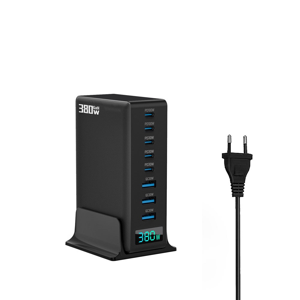 380W Digitalt Display GaN Skrivebordsladestation Type-C + USB-A 8 Porte Hurtiglader