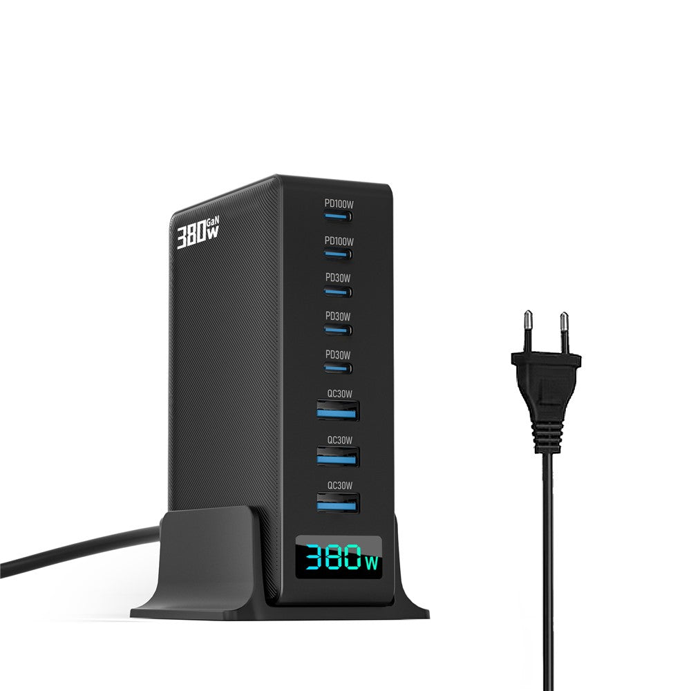 380W Digitalt Display GaN Skrivebordsladestation Type-C + USB-A 8 Porte Hurtiglader