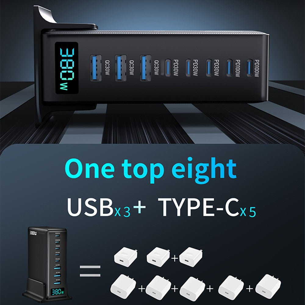 380W Digitalt Display GaN Skrivebordsladestation Type-C + USB-A 8 Porte Hurtiglader