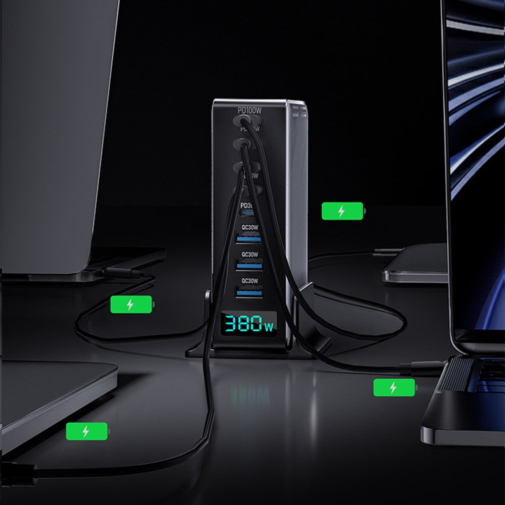 380W Digitalt Display GaN Skrivebordsladestation Type-C + USB-A 8 Porte Hurtiglader