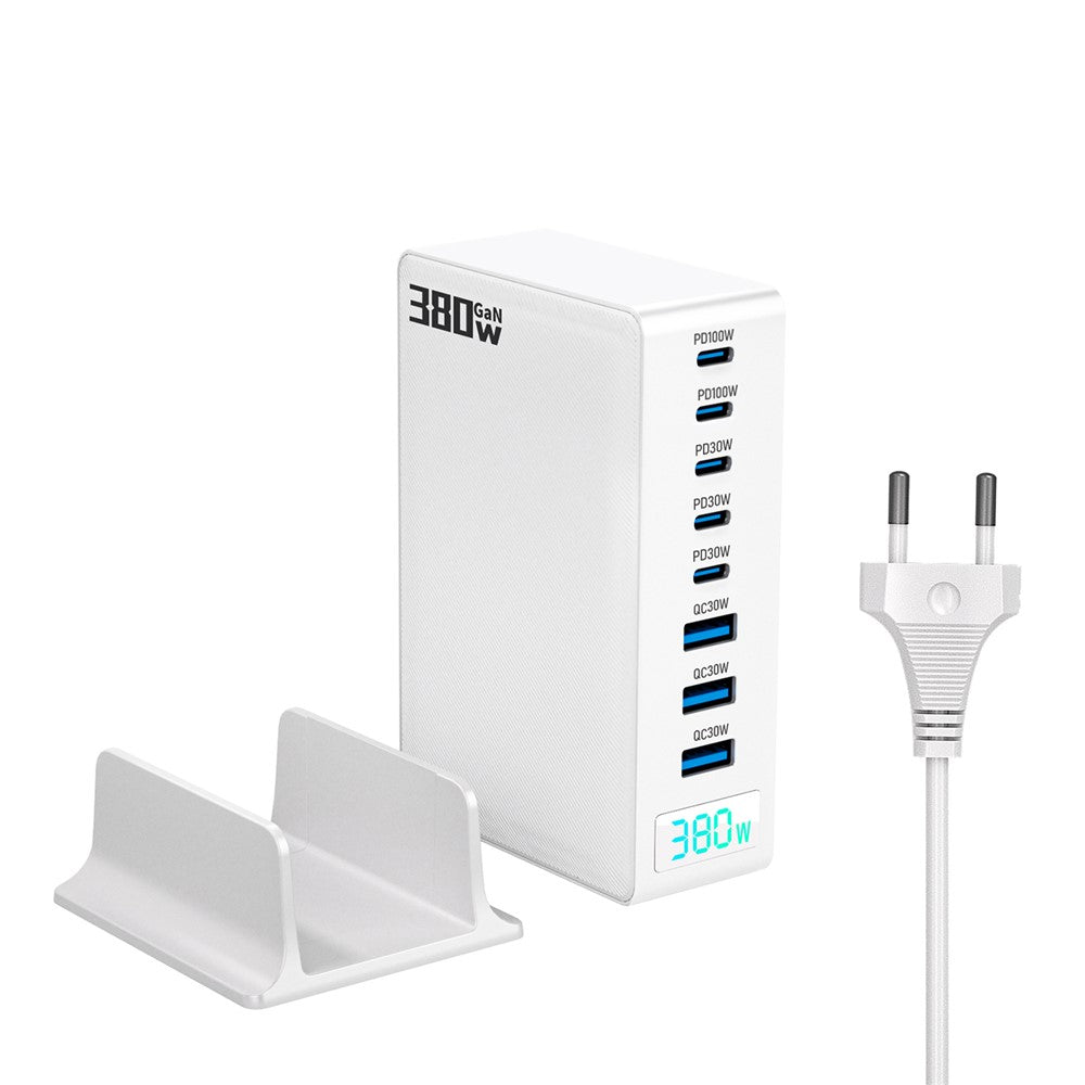 380W Digitalt Display GaN Skrivebordsladestation Type-C + USB-A 8 Porte Hurtiglader