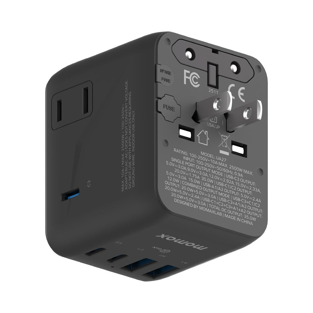 MOMAX UA27 1-World 2 Dubbel AC Mini GaN Global Adapter 35W Multiport Väggladdare Block Laddstation för Resor