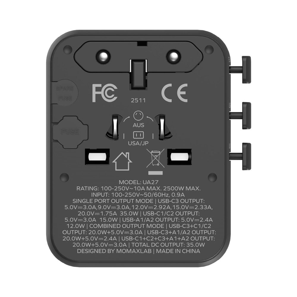 MOMAX UA27 1-World 2 Dubbel AC Mini GaN Global Adapter 35W Multiport Väggladdare Block Laddstation för Resor