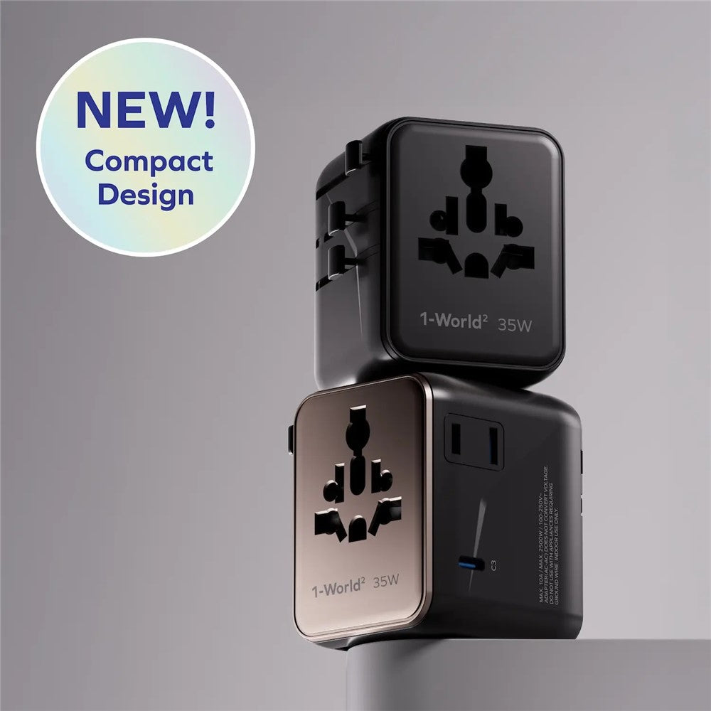 MOMAX UA27 1-World 2 Dubbel AC Mini GaN Global Adapter 35W Multiport Väggladdare Block Laddstation för Resor