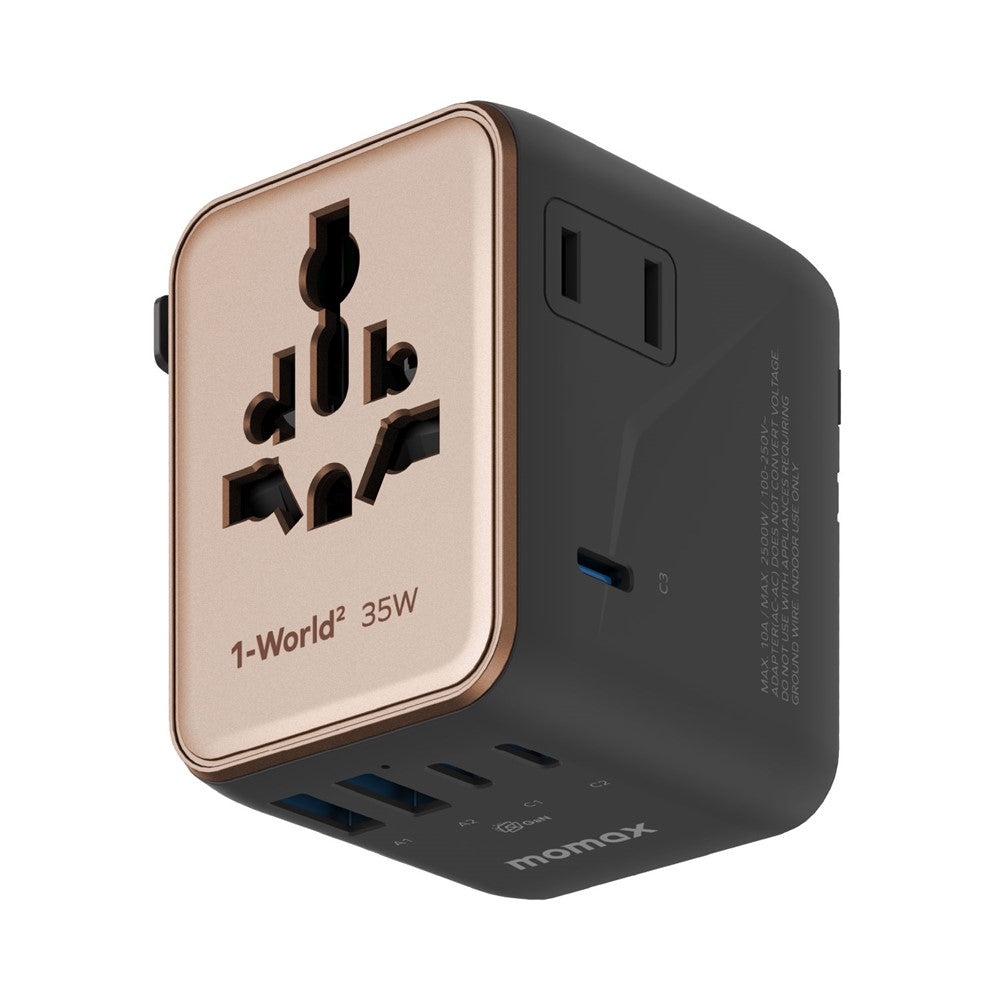MOMAX UA27 1-World 2 Dubbel AC Mini GaN Global Adapter 35W Multiport Väggladdare Block Laddstation för Resor