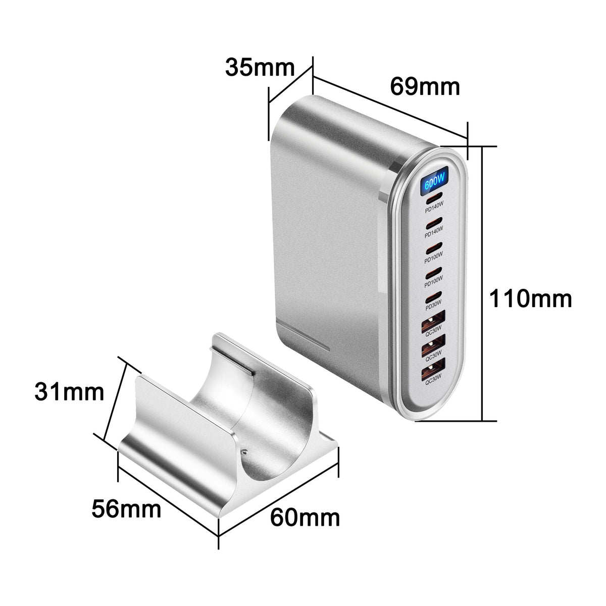 600W Desktop PD hurtigopladerstation Digitalt display Multi-Port GaN strømadapter med bordstativ