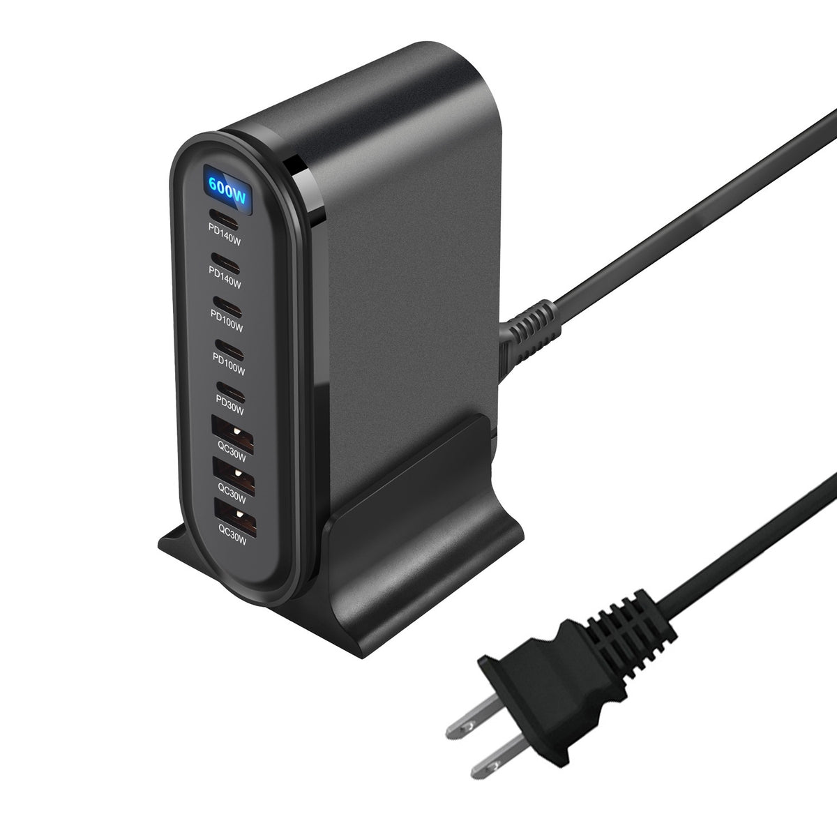 600W Desktop PD hurtigopladerstation Digitalt display Multi-Port GaN strømadapter med bordstativ