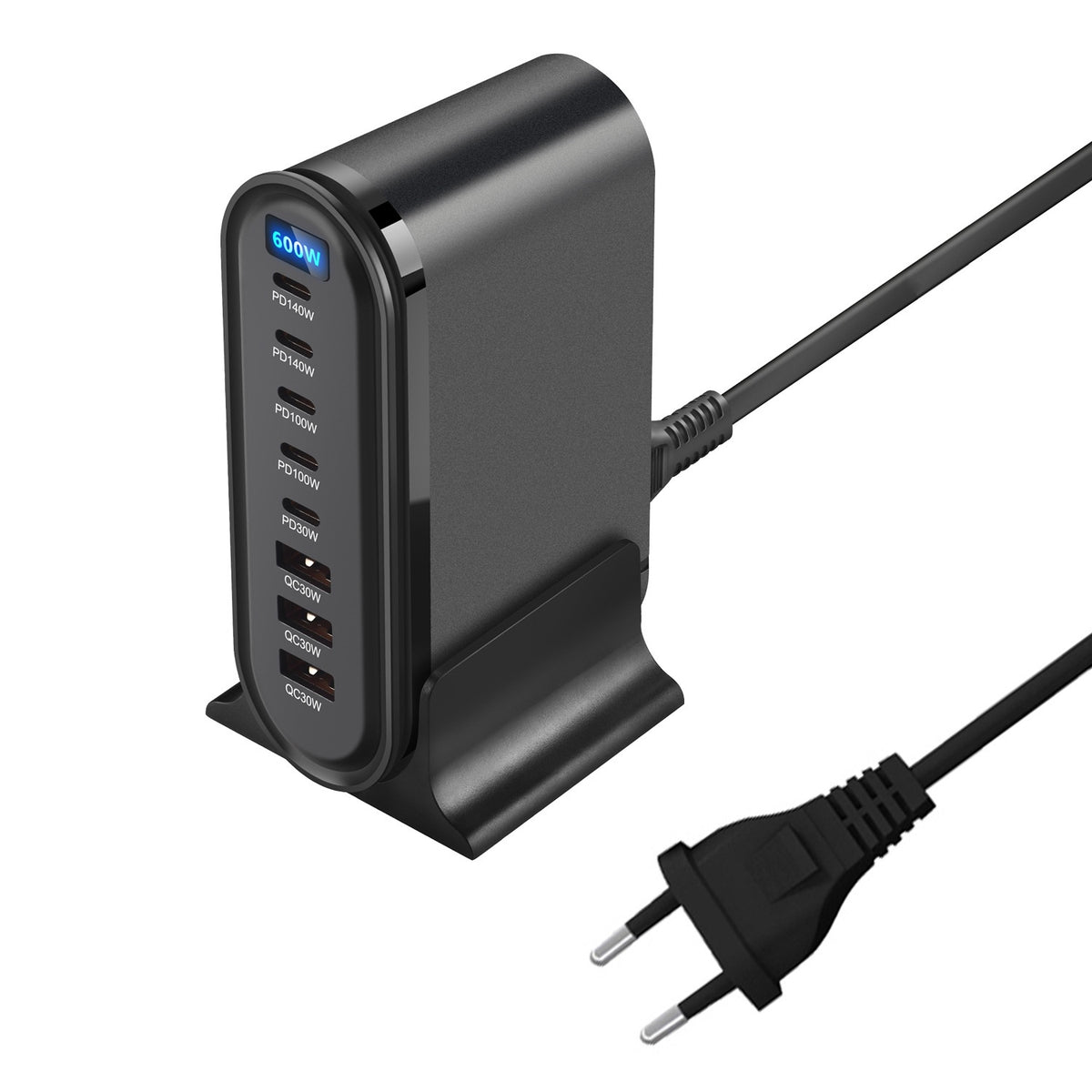 600W Desktop PD hurtigopladerstation Digitalt display Multi-Port GaN strømadapter med bordstativ