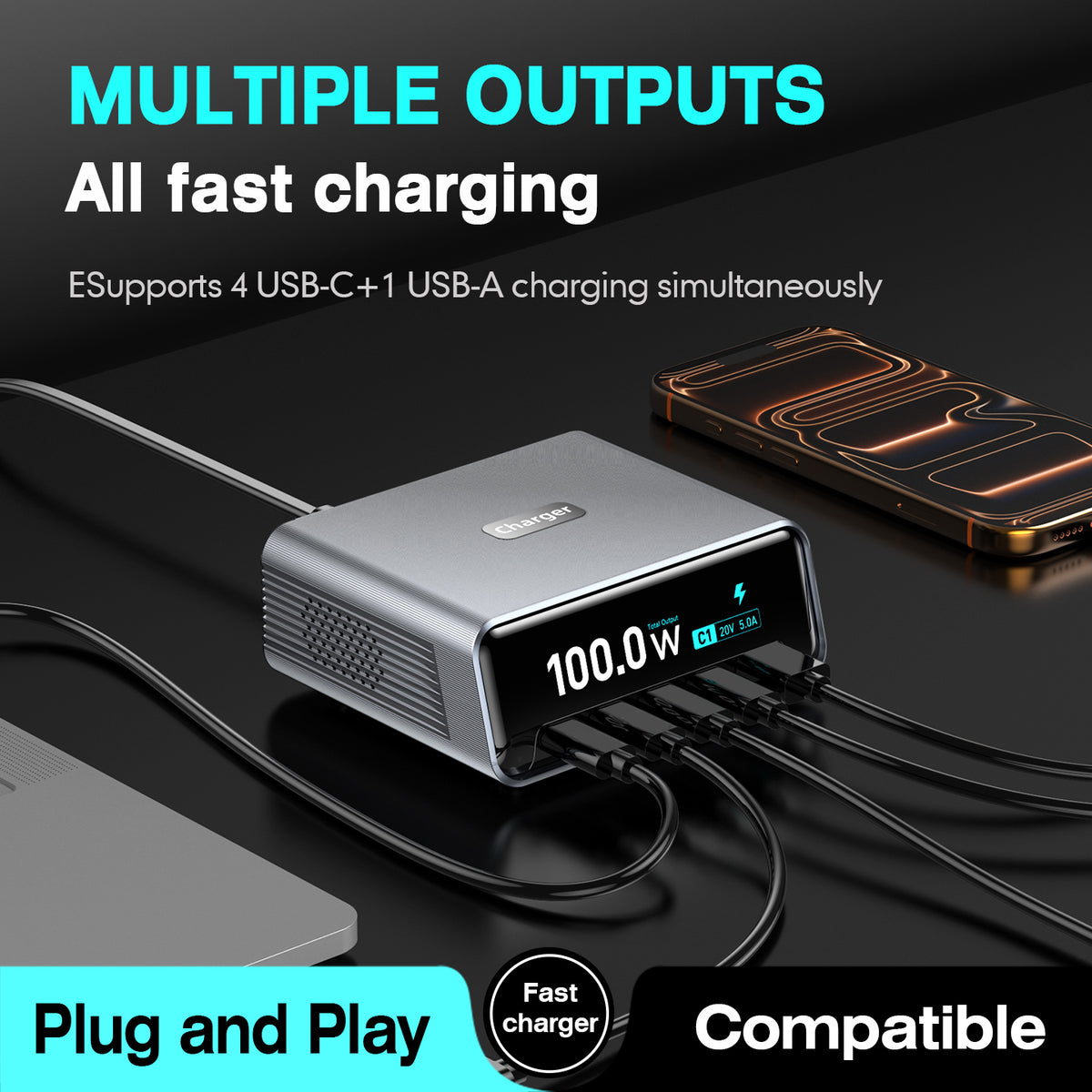 WLX-60D 5-Port GaN Charging Station 100W Max USB-A + 4 Type-C Desktop Charger with LCD Smart Display