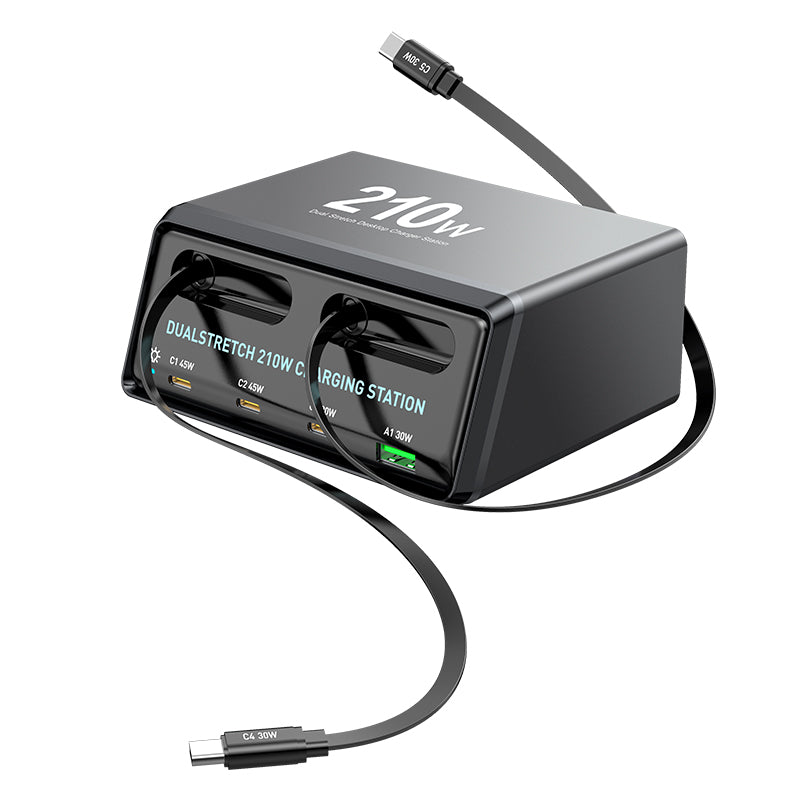WLX-60E 210W GaN Desktop Oplader USB-A + 3 Type-C Strømforsyning med 70 cm Udtrækkeligt Kabel