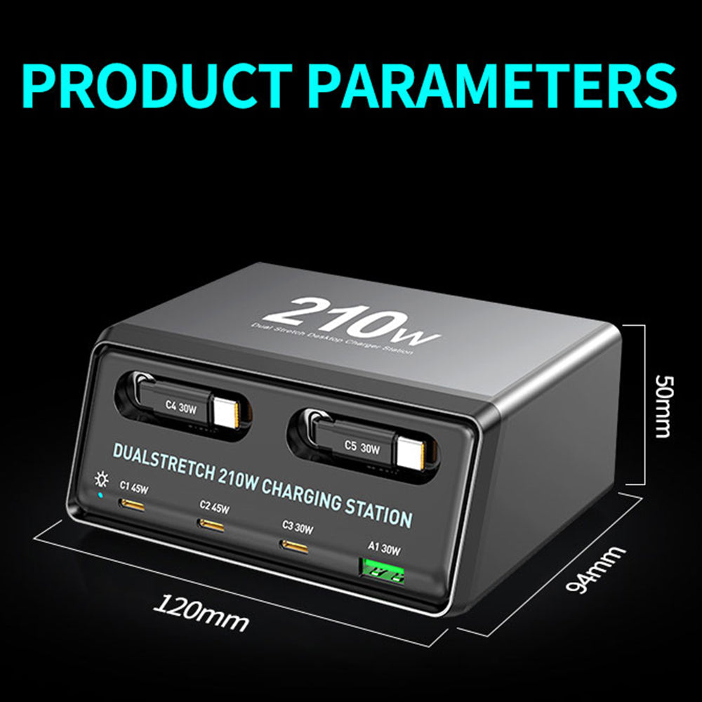 WLX-60E 210W GaN Desktop Oplader USB-A + 3 Type-C Strømforsyning med 70 cm Udtrækkeligt Kabel