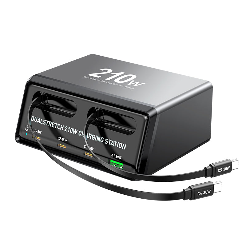 WLX-60E 210W GaN Desktop Oplader USB-A + 3 Type-C Strømforsyning med 70 cm Udtrækkeligt Kabel
