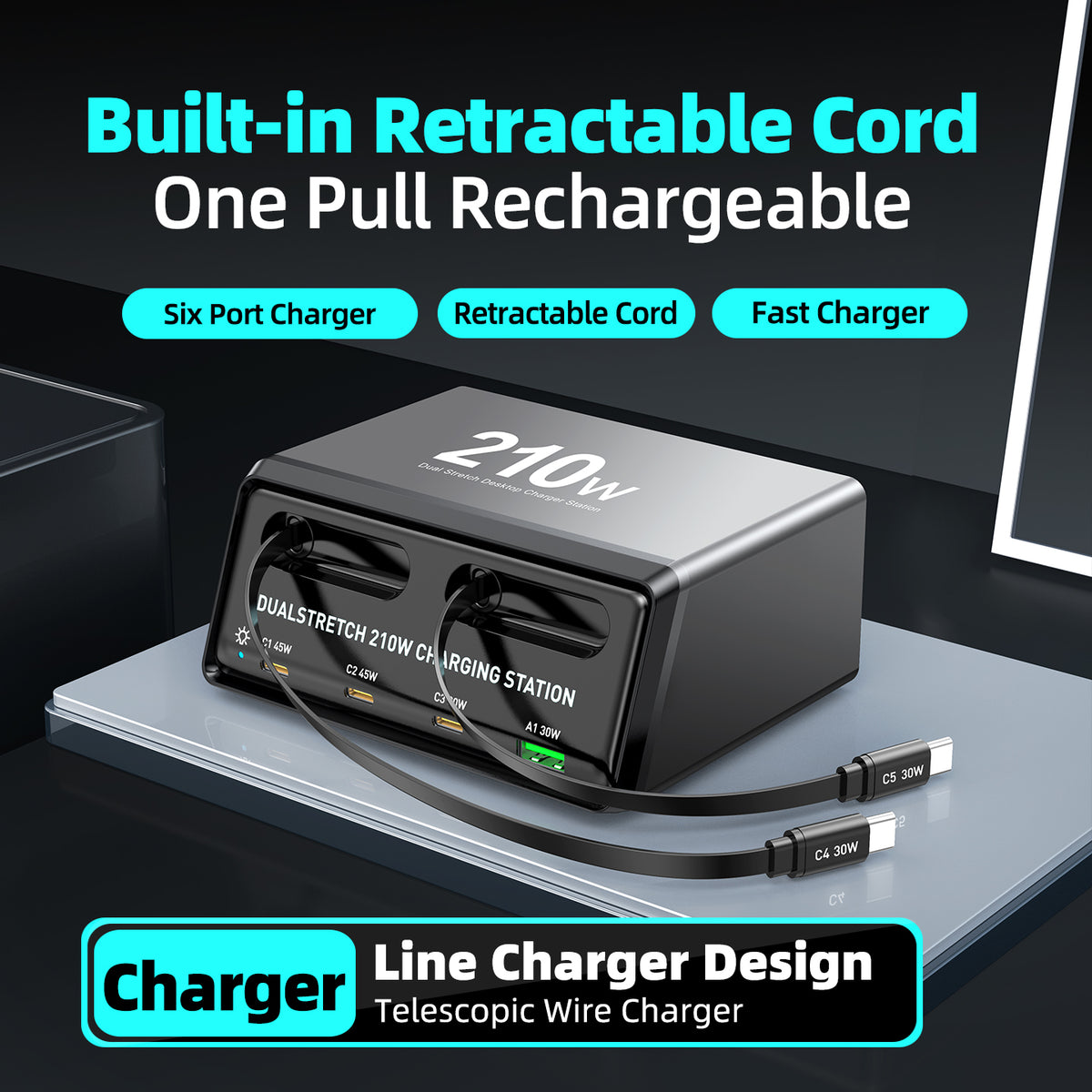 WLX-60E 210W GaN Desktop Oplader USB-A + 3 Type-C Strømforsyning med 70 cm Udtrækkeligt Kabel