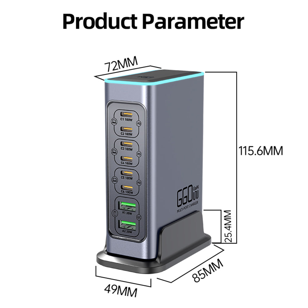 WLX-F8L USB-A + Type-C 8-Port Fast Charge Desktop Power Hub 660W GaN Charging Station