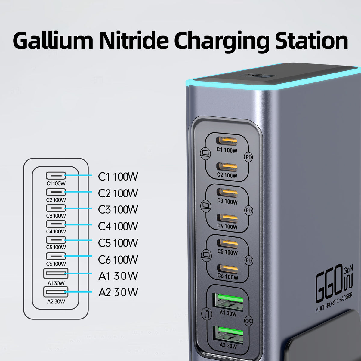 WLX-F8L USB-A + Type-C 8-Port Fast Charge Desktop Power Hub 660W GaN Charging Station
