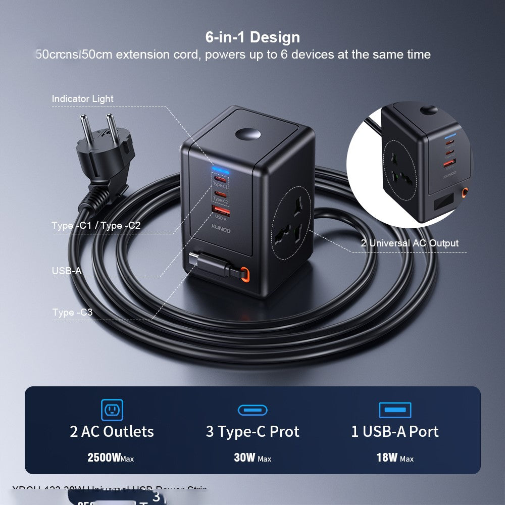 XUNDD XDCH-123 PD 30W Universal USB Power Strip with Retractable Cable Desktop Charging Station, 2 AC + 3 USB-C + 1 USB-A