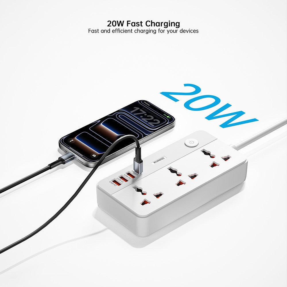 XUNDD XDCH-128 Universal USB Power Strip 7 in 1 PD 20W Fast Charging Station, 3 AC + 3 USB-A + 1 Type-C