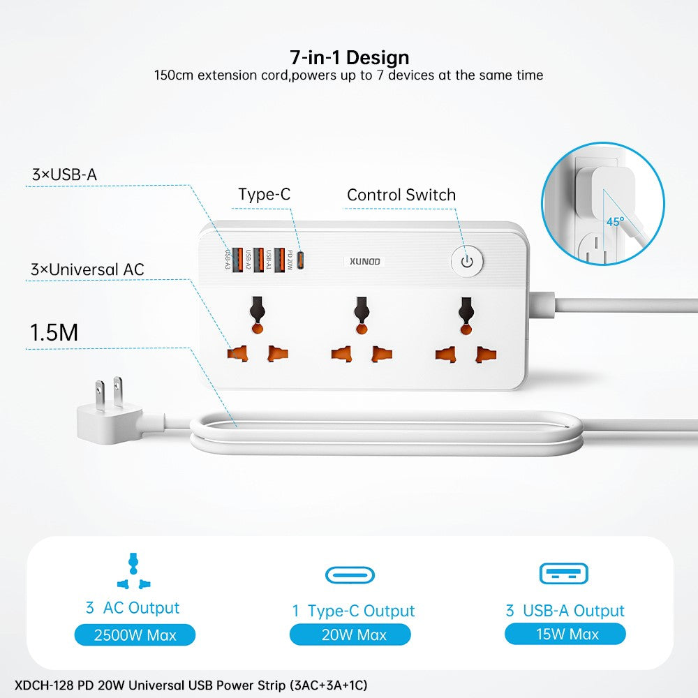 XUNDD XDCH-128 Universal USB Power Strip 7 in 1 PD 20W Fast Charging Station, 3 AC + 3 USB-A + 1 Type-C