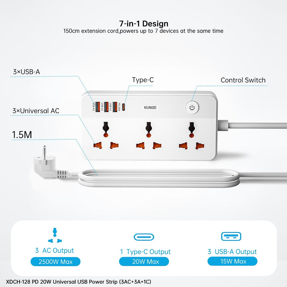 XUNDD XDCH-128 Universal USB Power Strip 7 in 1 PD 20W Fast Charging Station, 3 AC + 3 USB-A + 1 Type-C