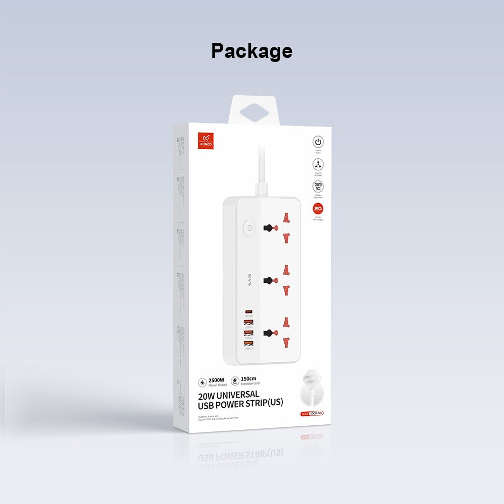 XUNDD XDCH-128 Universal USB Power Strip 7 in 1 PD 20W Fast Charging Station, 3 AC + 3 USB-A + 1 Type-C