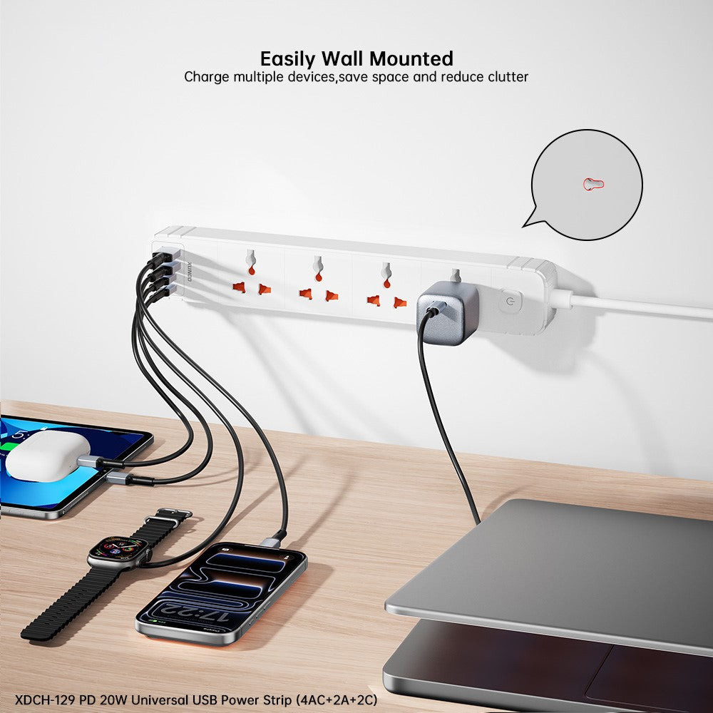 XUNDD XDCH-129 Universal 8 in 1 USB Power Strip with 4 AC + 2 USB-A + 2 USB-C Ports PD 20W Fast Charging Adapter
