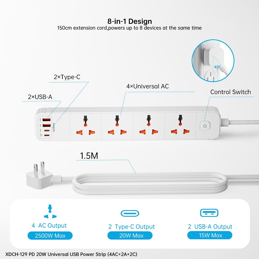 XUNDD XDCH-129 Universal 8 in 1 USB Power Strip with 4 AC + 2 USB-A + 2 USB-C Ports PD 20W Fast Charging Adapter