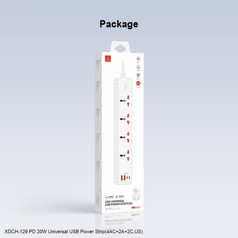 XUNDD XDCH-129 Universal 8 in 1 USB Power Strip with 4 AC + 2 USB-A + 2 USB-C Ports PD 20W Fast Charging Adapter